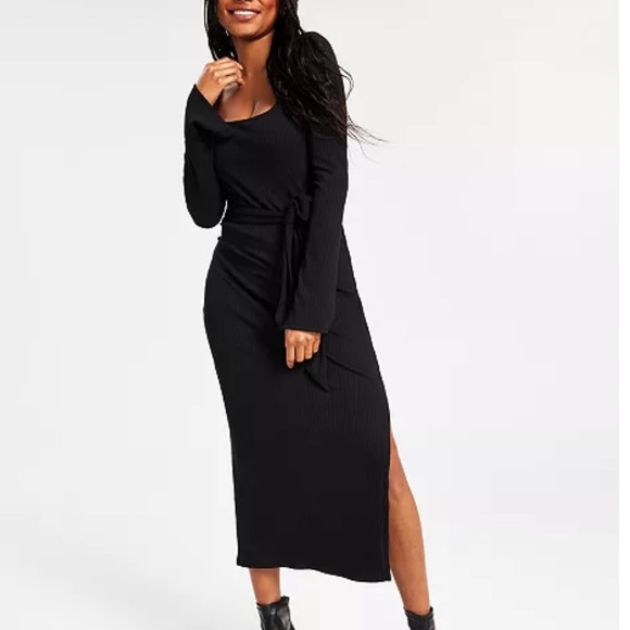 Bar III Rib Midi Dress | Tie-Waist Detail | Size S | Black - Picture 1 of 10
